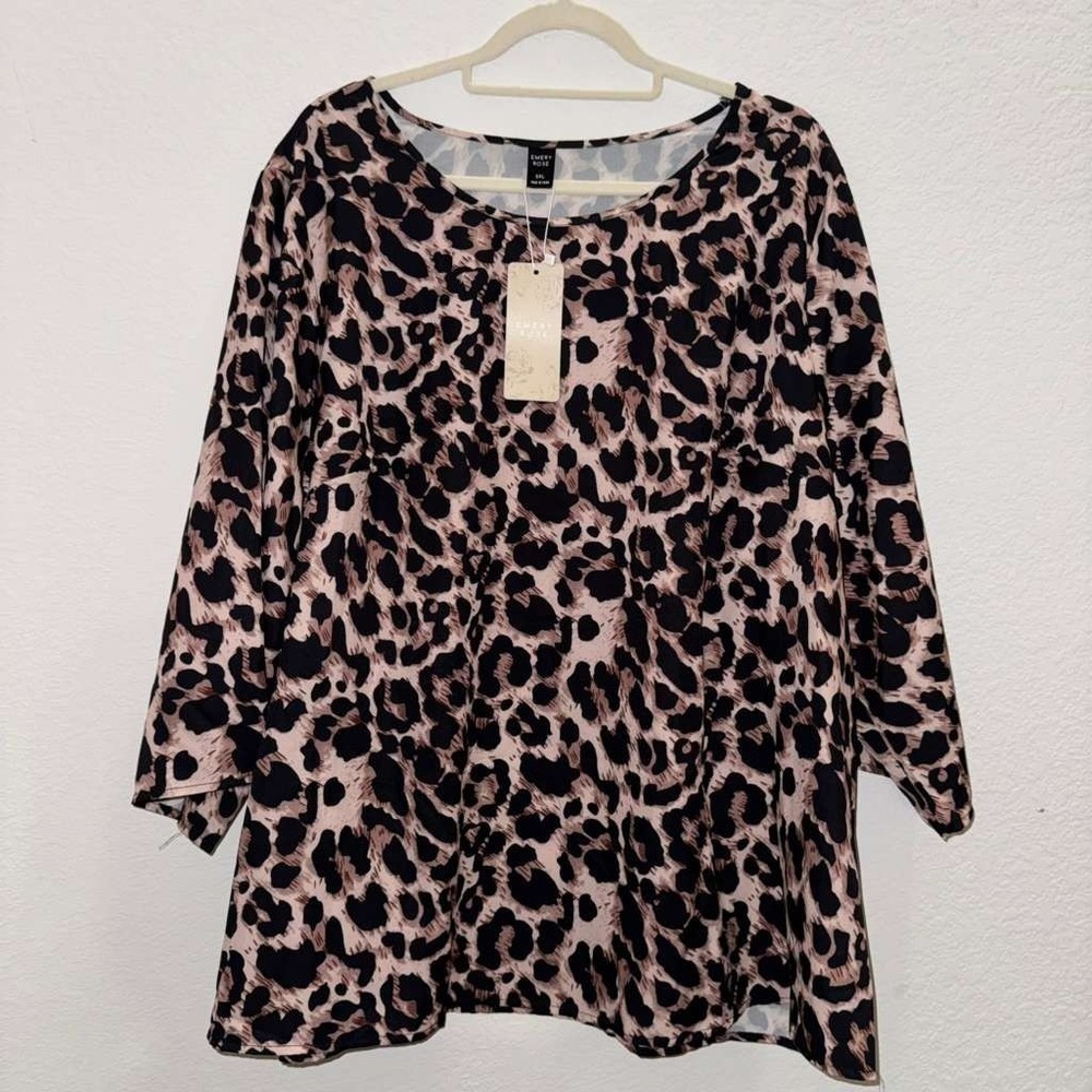 NWT Emery Rose Women's Sz 5XL Leopard Print Tee Shirt 3/4 Sleeve Top Work Career